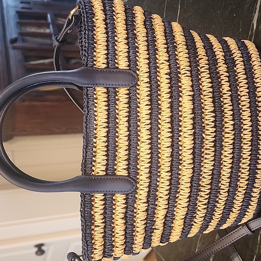 Lauren Ralph Lauren Brie Medium Striped Top Handle Tote Bag Navy And Natural - Picture 2 of 6